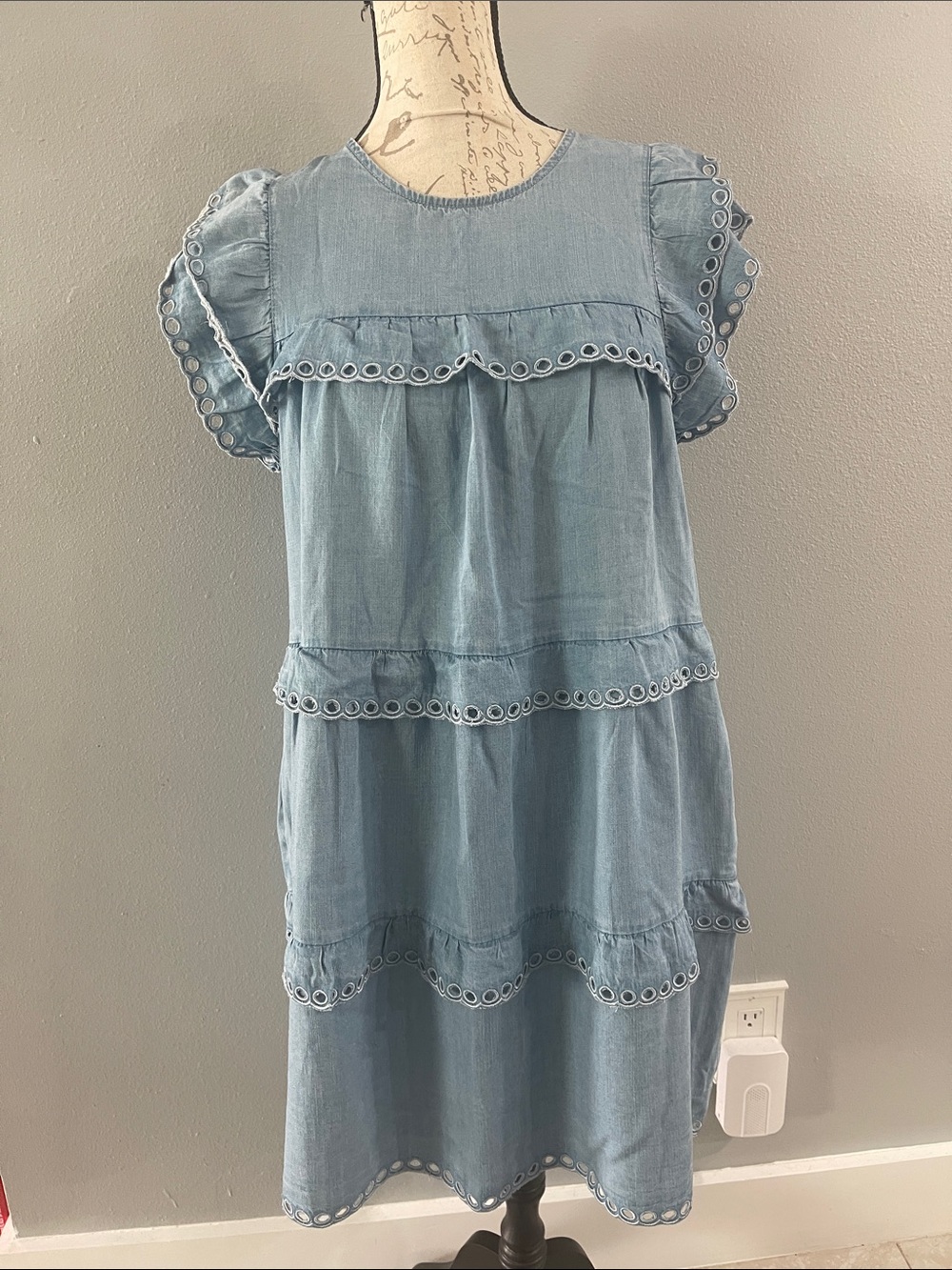 Stellah Light Blue Tiered Eyelet Trim Kids Dress